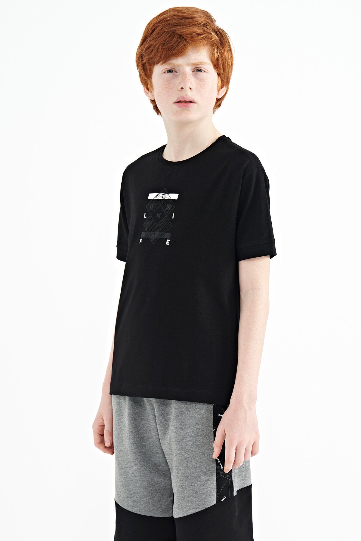 Black Detailed Printed Oversize Boys' T-Shirt - 11137