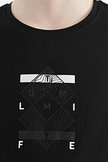 Black Detailed Printed Oversize Boys' T-Shirt - 11137
