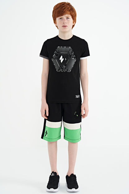 Black Cuff Detailed Printed Standard Fit Boys T-Shirt - 11156