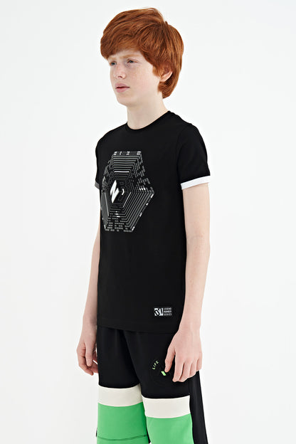 Black Cuff Detailed Printed Standard Fit Boys T-Shirt - 11156