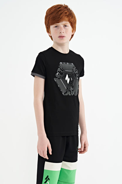 Black Cuff Detailed Printed Standard Fit Boys T-Shirt - 11156
