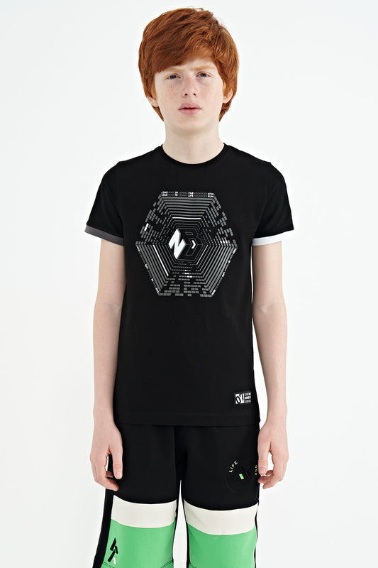 Black Cuff Detailed Printed Standard Fit Boys T-Shirt - 11156