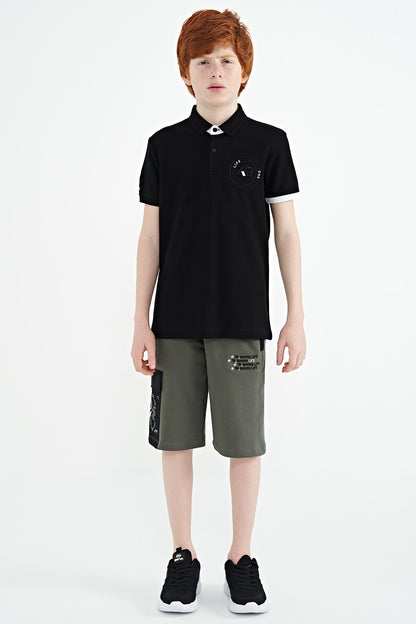 Black Cuff Colored Logo Embroidered Standard Fit Polo Collar Boys T-Shirt - 11138
