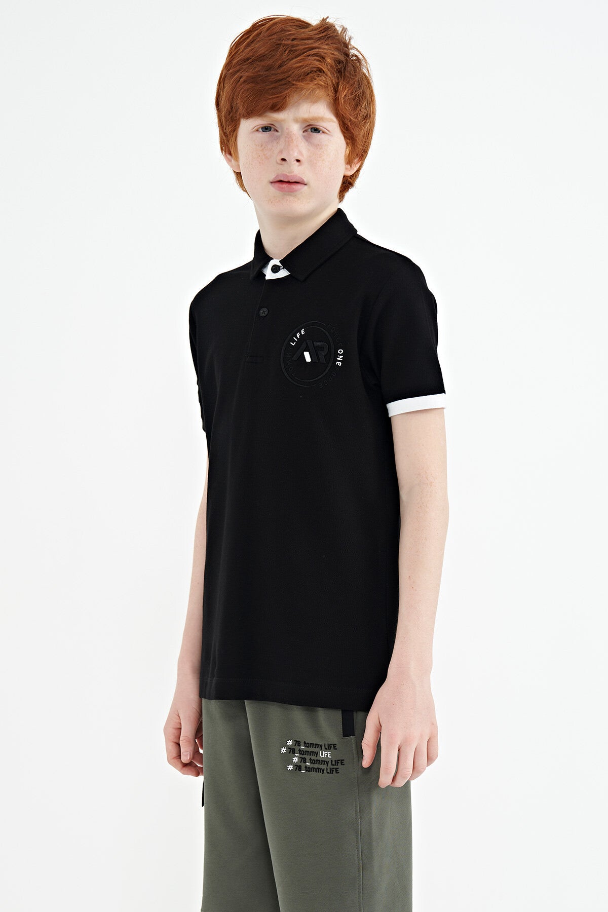 Black Cuff Colored Logo Embroidered Standard Fit Polo Collar Boys T-Shirt - 11138