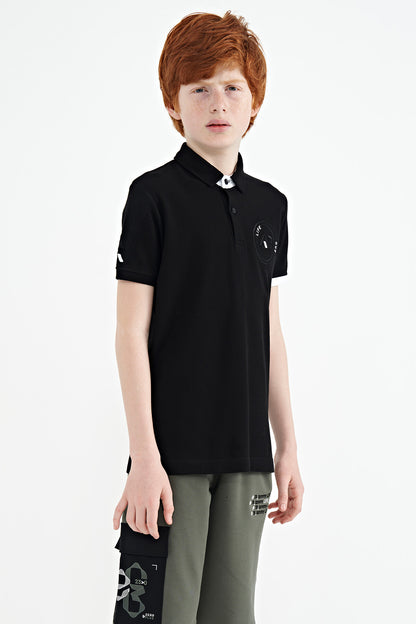 Black Cuff Colored Logo Embroidered Standard Fit Polo Collar Boys T-Shirt - 11138