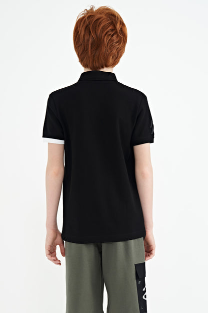 Black Cuff Colored Logo Embroidered Standard Fit Polo Collar Boys T-Shirt - 11138