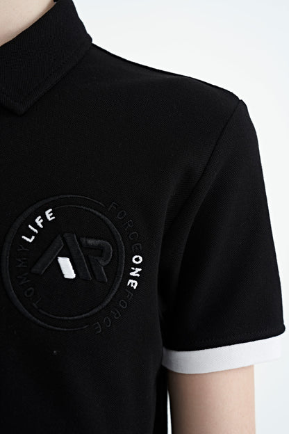 Black Cuff Colored Logo Embroidered Standard Fit Polo Collar Boys T-Shirt - 11138