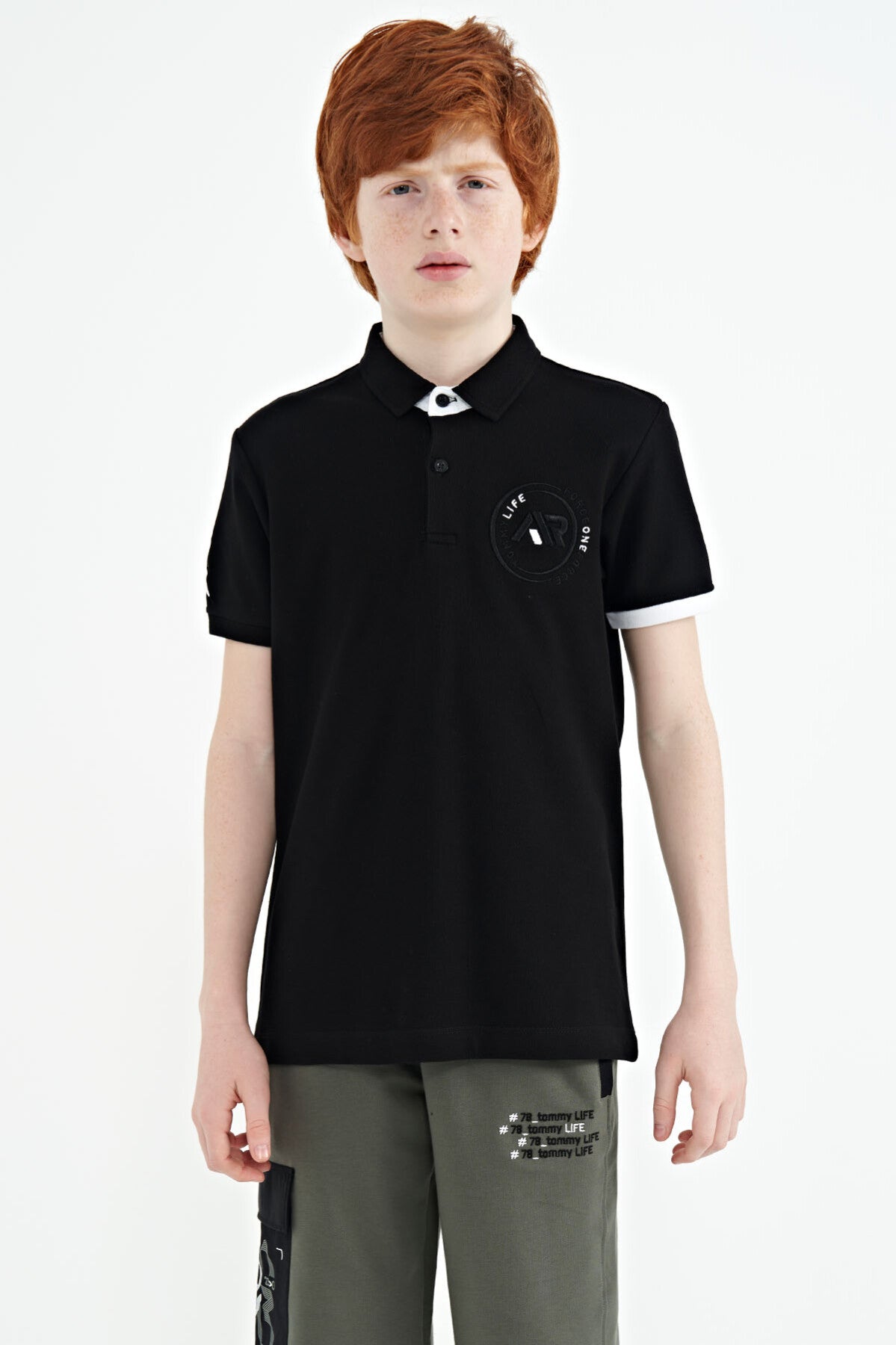 Black Cuff Colored Logo Embroidered Standard Fit Polo Collar Boys T-Shirt - 11138