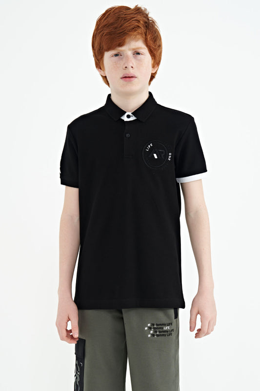 Black Cuff Colored Logo Embroidered Standard Fit Polo Collar Boys T-Shirt - 11138