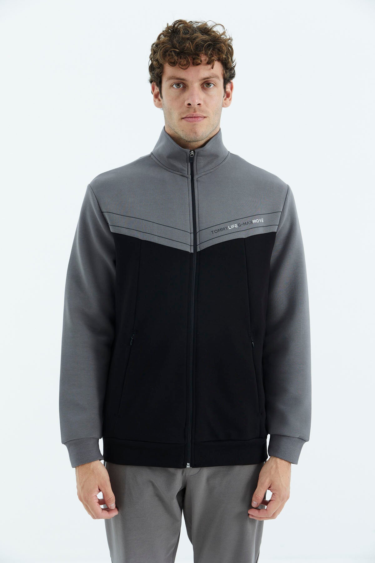 Black - Dark Grey Stand Collar Color Block Hidden Pocket Detailed Relax Fit Men's Sweatshirt - 88290