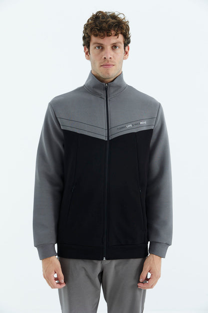 Black - Dark Grey Stand Collar Color Block Hidden Pocket Detailed Relax Fit Men's Sweatshirt - 88290