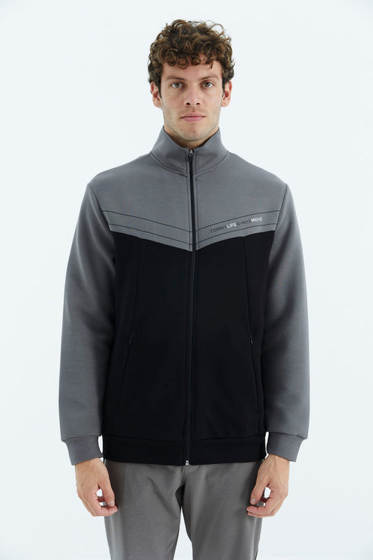 Black - Dark Grey Stand Collar Color Block Hidden Pocket Detailed Relax Fit Men's Sweatshirt - 88290