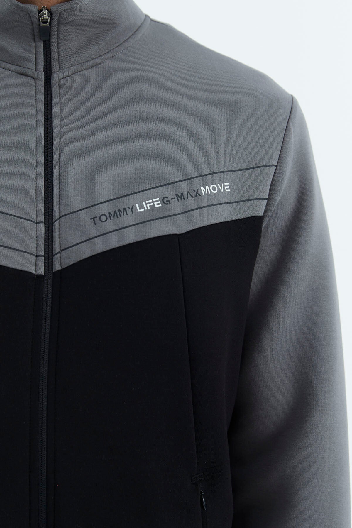Black - Dark Grey Stand Collar Color Block Hidden Pocket Detailed Relax Fit Men's Sweatshirt - 88290