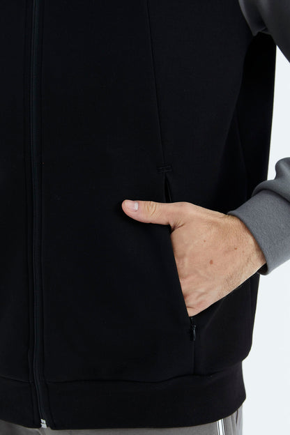 Black - Dark Grey Stand Collar Color Block Hidden Pocket Detailed Relax Fit Men's Sweatshirt - 88290