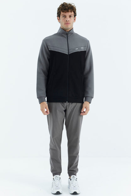 Black - Dark Grey Stand Collar Color Block Hidden Pocket Detailed Relax Fit Men's Sweatshirt - 88290