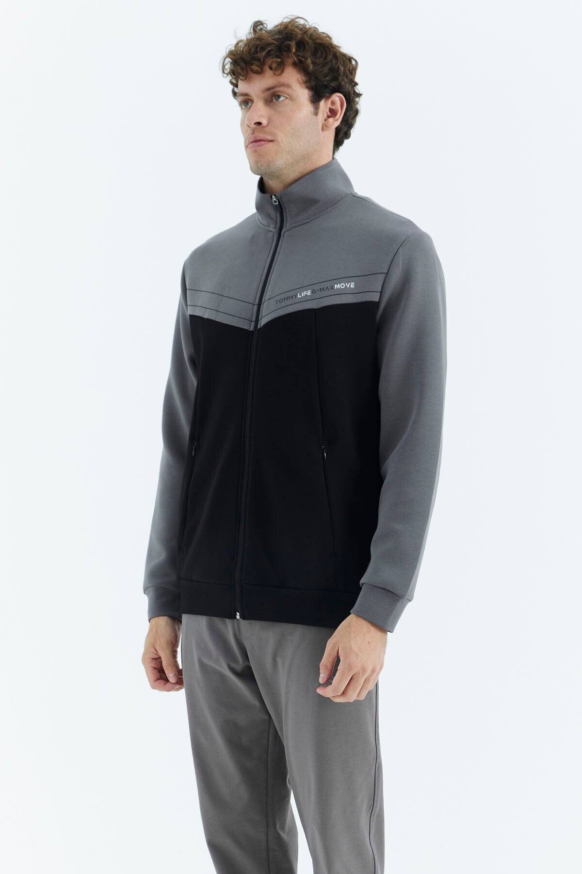 Black - Dark Grey Stand Collar Color Block Hidden Pocket Detailed Relax Fit Men's Sweatshirt - 88290