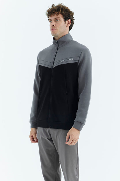 Black - Dark Grey Stand Collar Color Block Hidden Pocket Detailed Relax Fit Men's Sweatshirt - 88290