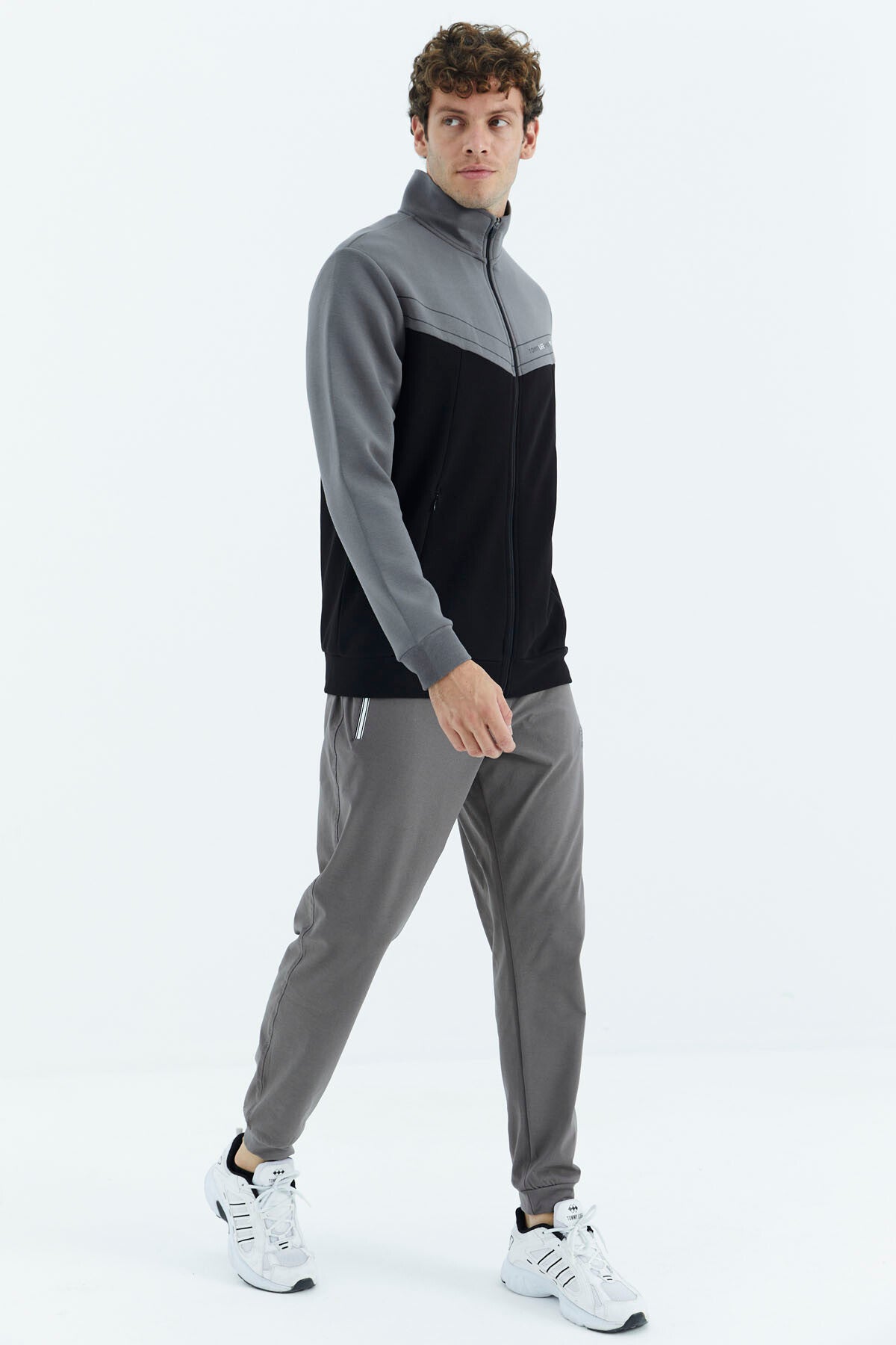 Black - Dark Grey Stand Collar Color Block Hidden Pocket Detailed Relax Fit Men's Sweatshirt - 88290