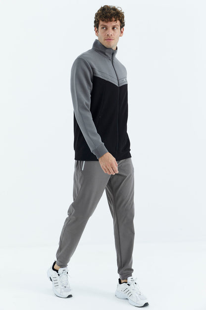 Black - Dark Grey Stand Collar Color Block Hidden Pocket Detailed Relax Fit Men's Sweatshirt - 88290