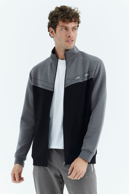 Black - Dark Grey Stand Collar Color Block Hidden Pocket Detailed Relax Fit Men's Sweatshirt - 88290