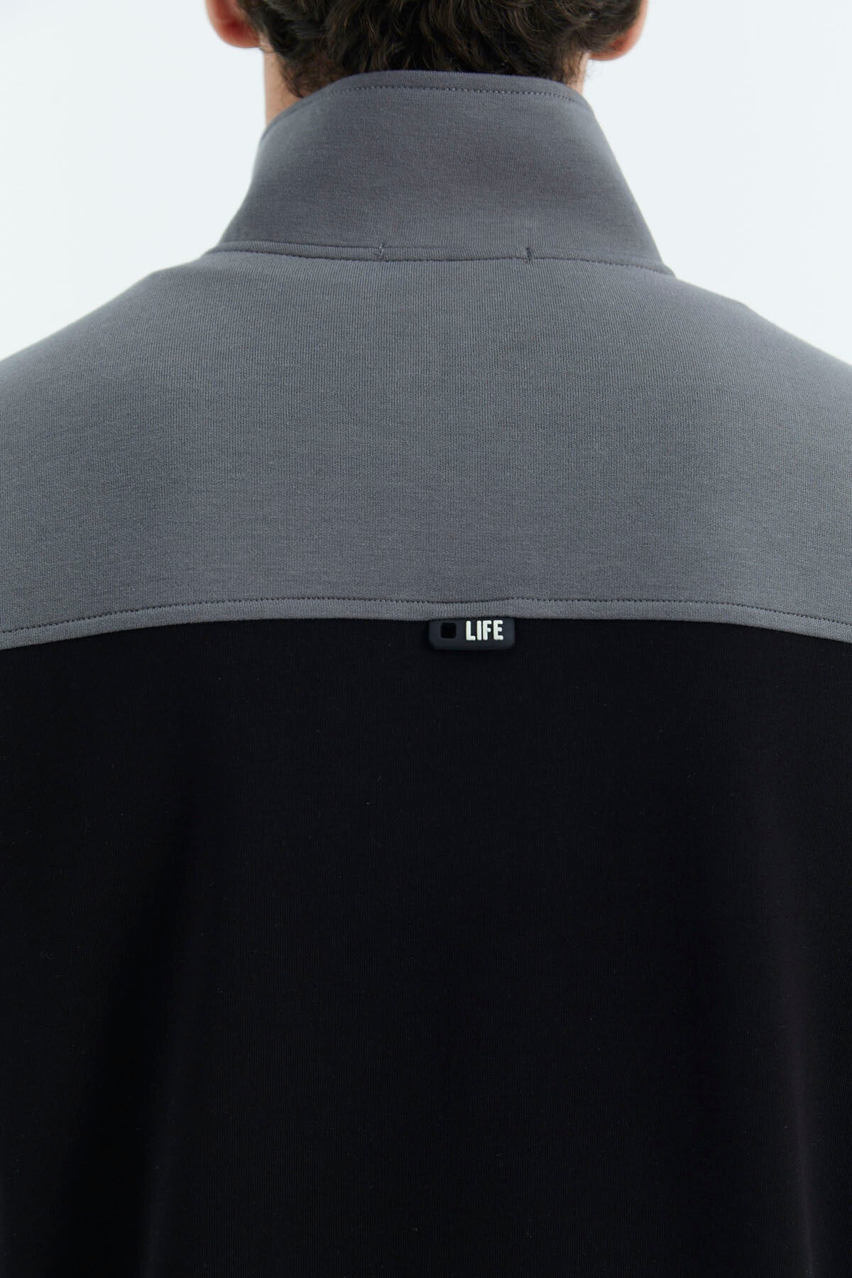 Black - Dark Grey Stand Collar Color Block Hidden Pocket Detailed Relax Fit Men's Sweatshirt - 88290