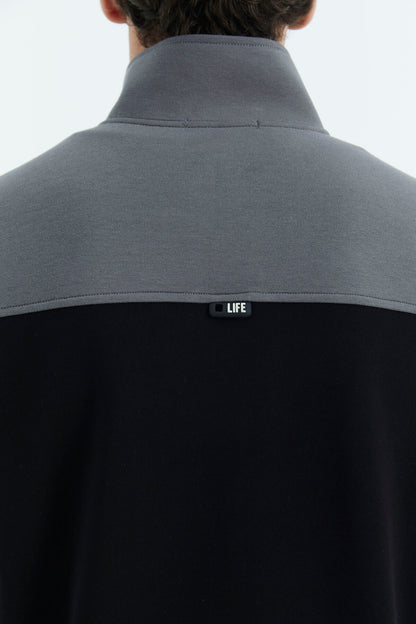 Black - Dark Grey Stand Collar Color Block Hidden Pocket Detailed Relax Fit Men's Sweatshirt - 88290
