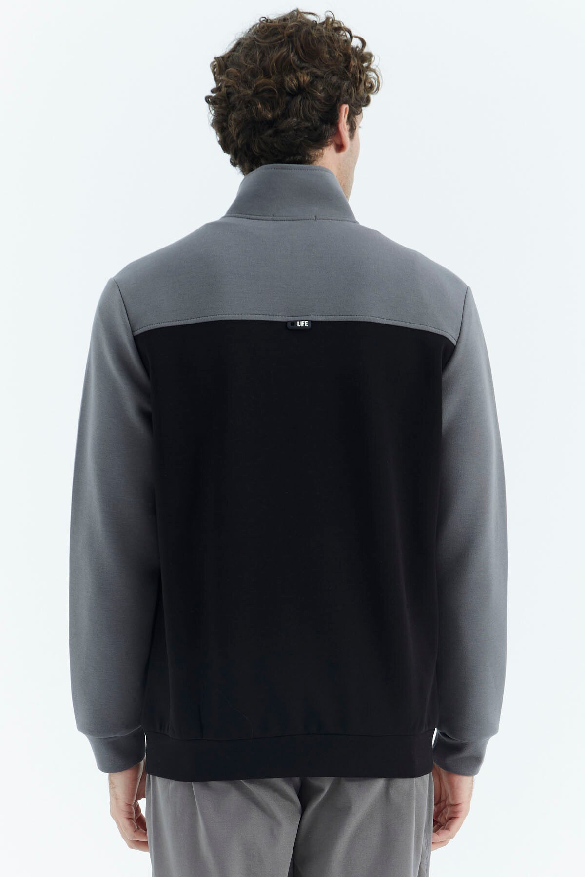 Black - Dark Grey Stand Collar Color Block Hidden Pocket Detailed Relax Fit Men's Sweatshirt - 88290