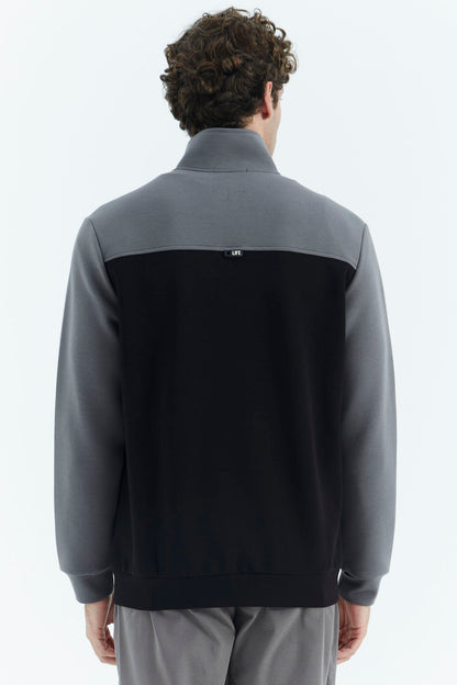 Black - Dark Grey Stand Collar Color Block Hidden Pocket Detailed Relax Fit Men's Sweatshirt - 88290