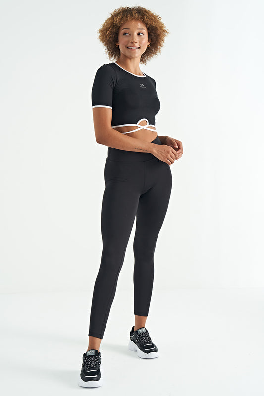 Black Logo Print Detailed High Waist Scuba Fabric Slim Fit Women's Tights - 94627