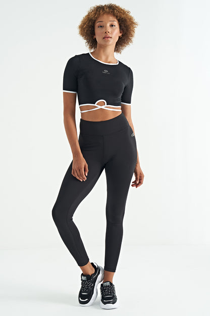 Black Logo Print Detailed High Waist Scuba Fabric Slim Fit Women's Tights - 94627