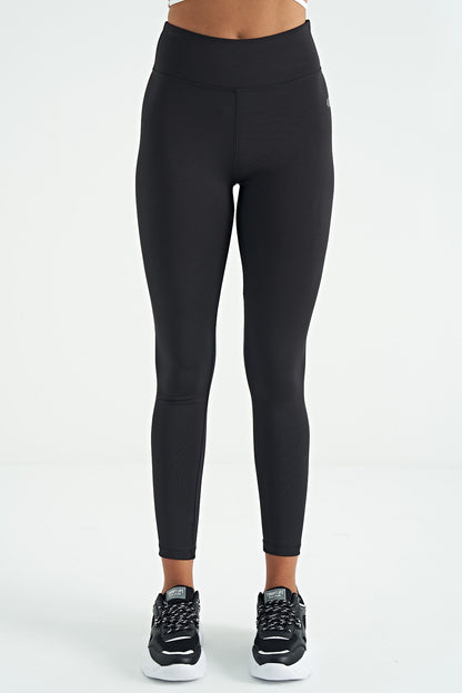 Black Logo Print Detailed High Waist Scuba Fabric Slim Fit Women's Tights - 94627