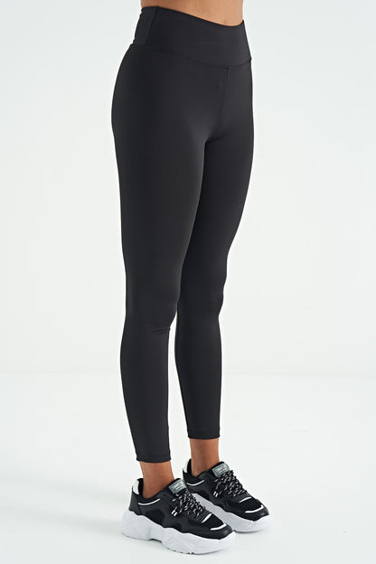 Black Logo Print Detailed High Waist Scuba Fabric Slim Fit Women's Tights - 94627