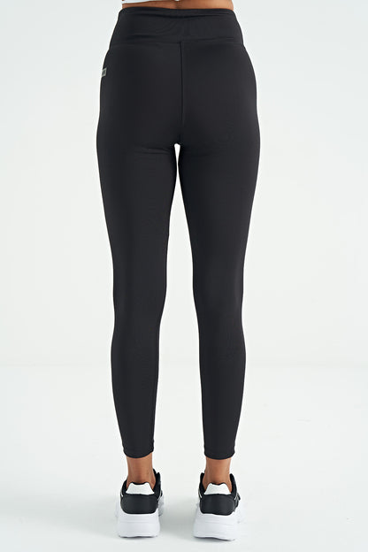 Black Logo Print Detailed High Waist Scuba Fabric Slim Fit Women's Tights - 94627