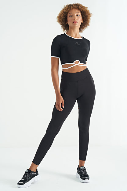 Black Logo Print Detailed High Waist Scuba Fabric Slim Fit Women's Tights - 94627