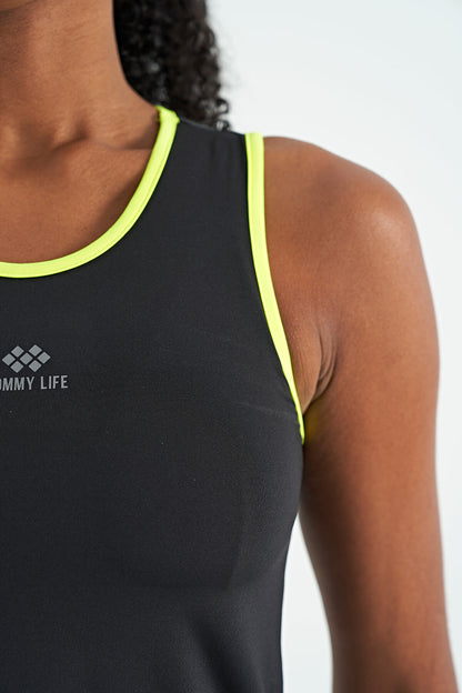 Black Logo Printed Binding Trim Standard Cut Women's Sports Singlet - 97255