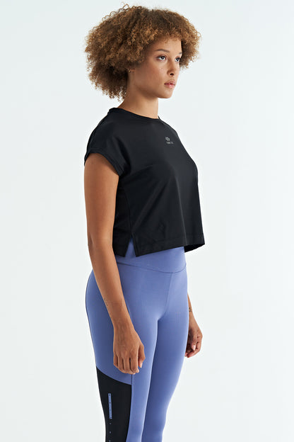 Black Logo Printed O Collar Low Sleeve Oversize Women's Crop T-Shirt - 97262