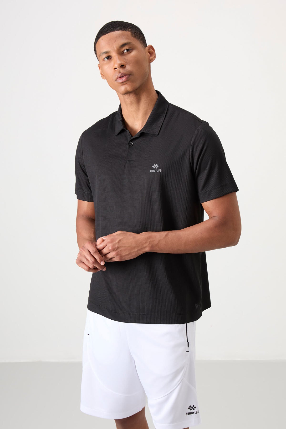 Black Logo Printed Standard Fit Polo Collar Active Sport Men's T-Shirt - 88252