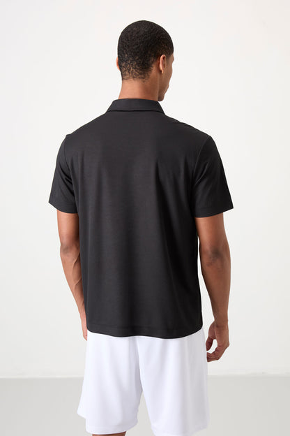 Black Logo Printed Standard Fit Polo Collar Active Sport Men's T-Shirt - 88252