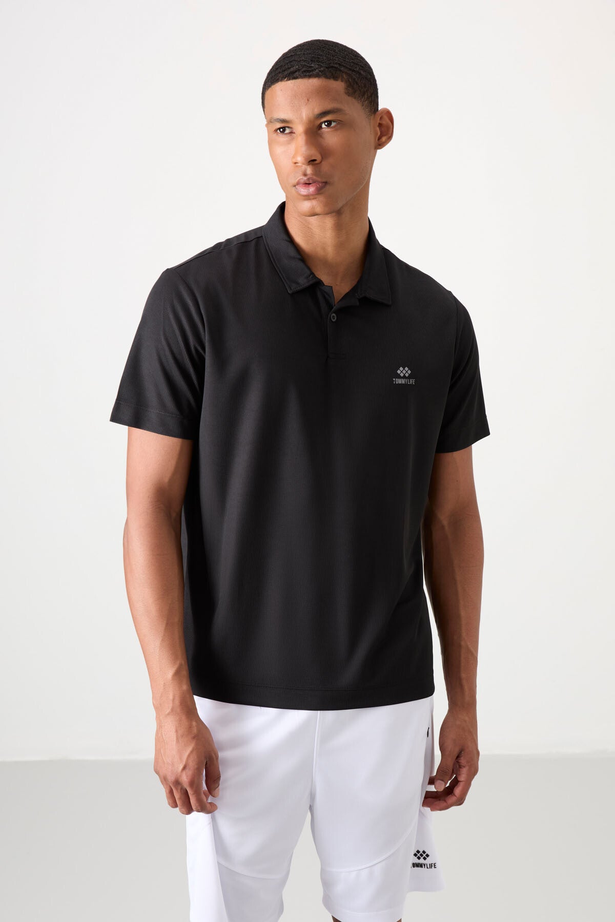 Black Logo Printed Standard Fit Polo Collar Active Sport Men's T-Shirt - 88252