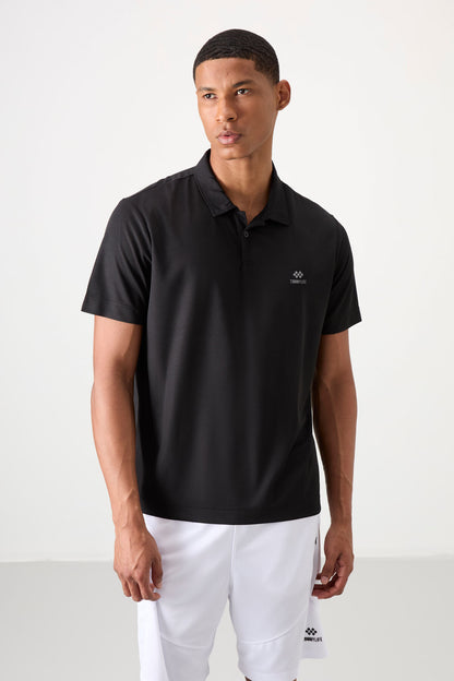 Black Logo Printed Standard Fit Polo Collar Active Sport Men's T-Shirt - 88252