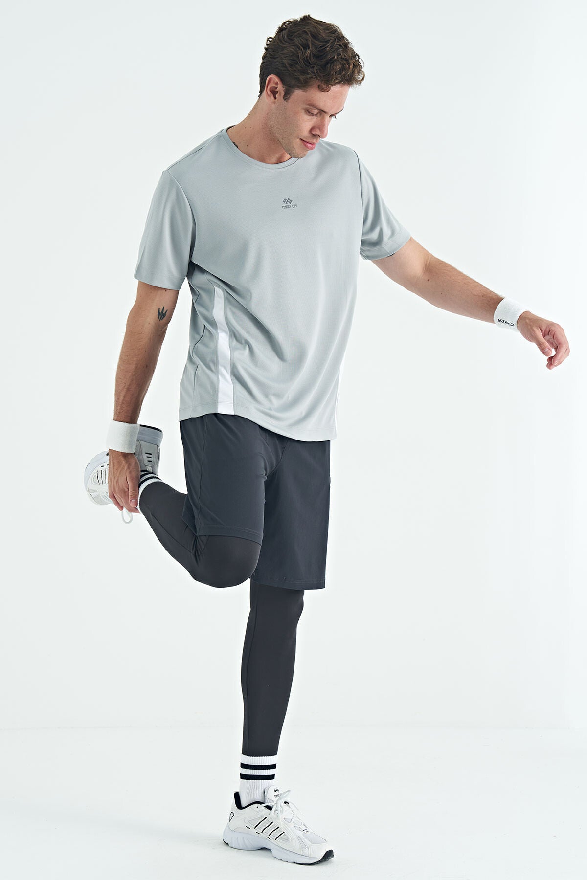 Black Logo Printed High Waist Slim Fit Active Sports Men's Tights - 84989
