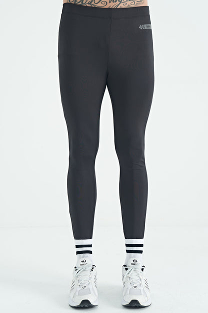 Black Logo Printed High Waist Slim Fit Active Sports Men's Tights - 84989