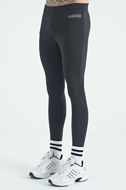 Black Logo Printed High Waist Slim Fit Active Sports Men's Tights - 84989