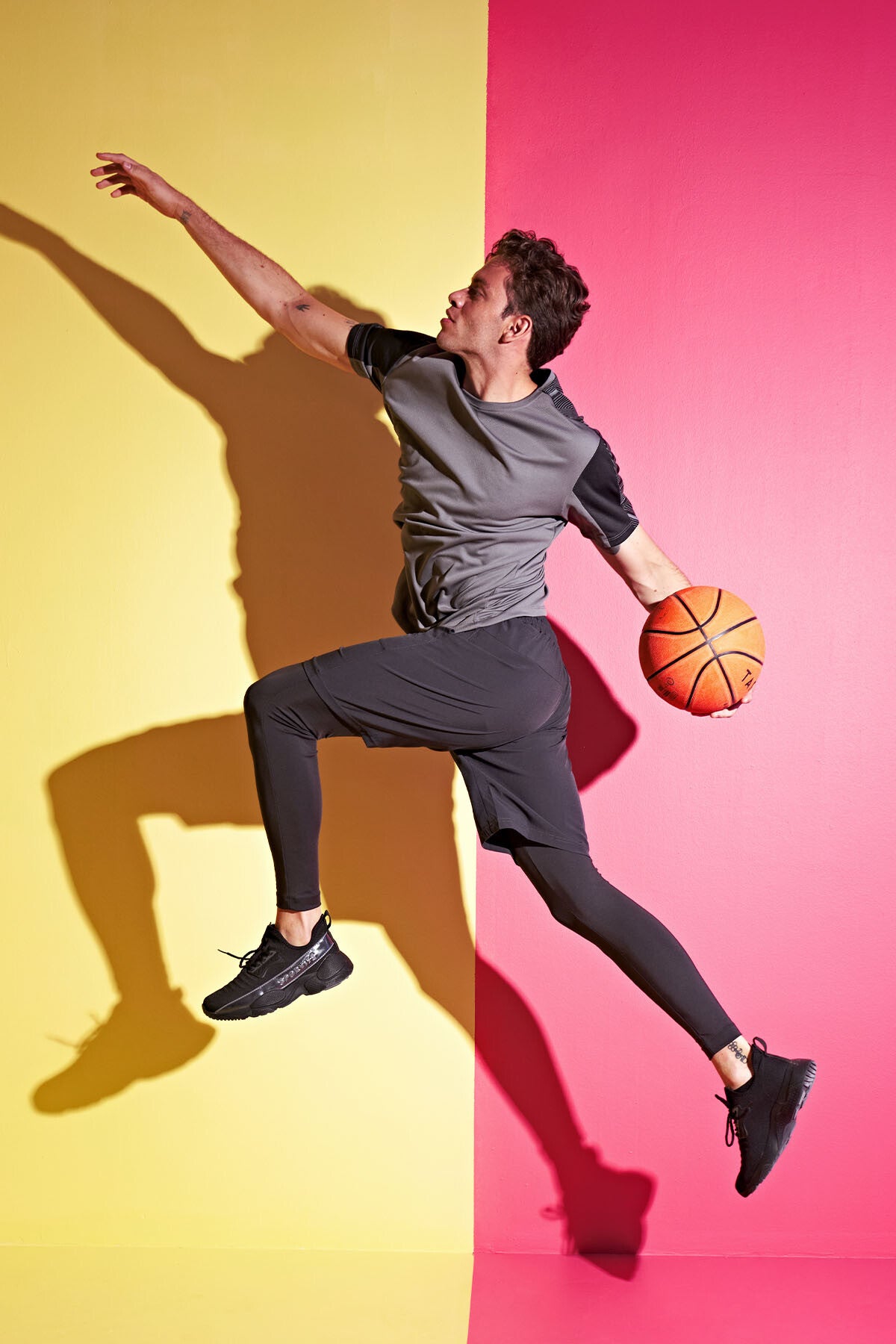 Black Logo Printed High Waist Slim Fit Active Sports Men's Tights - 84989