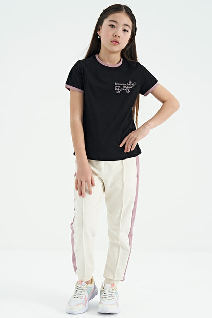 Black Minimal Print O Neck Comfort Fit Short Sleeve Girls T-Shirt - 75110