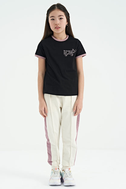 Black Minimal Print O Neck Comfort Fit Short Sleeve Girls T-Shirt - 75110