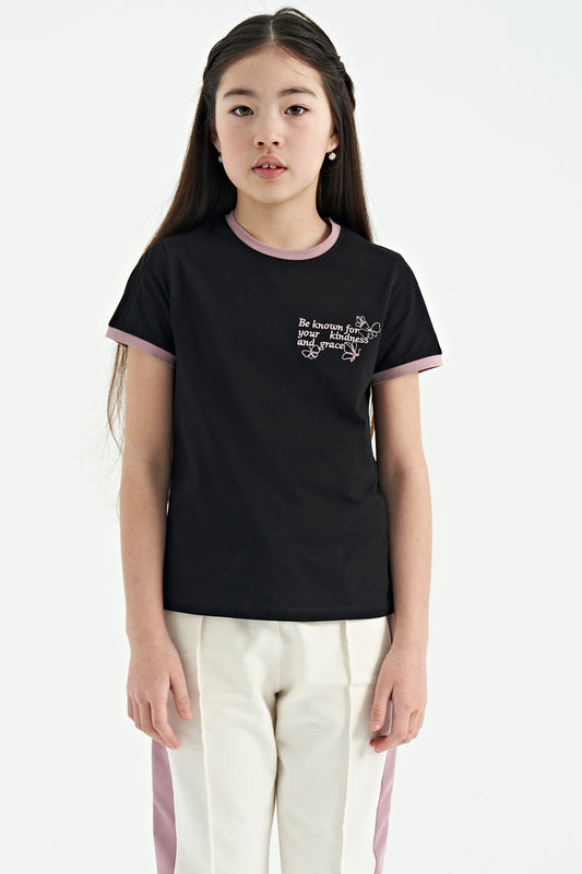 Black Minimal Print O Neck Comfort Fit Short Sleeve Girls T-Shirt - 75110
