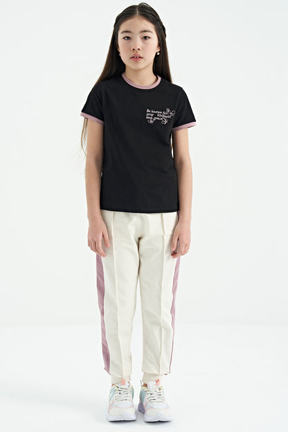 Black Minimal Print O Neck Comfort Fit Short Sleeve Girls T-Shirt - 75110