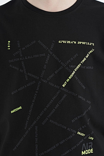 Black Minimal Print Standard Fit O Neck Boy's T-Shirt - 11132