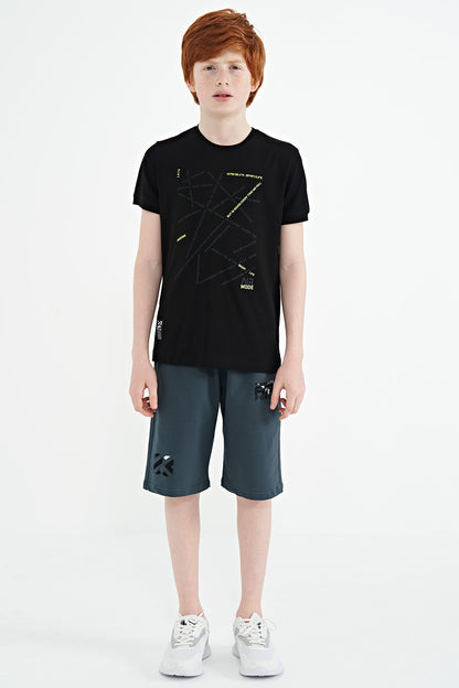 Black Minimal Print Standard Fit O Neck Boy's T-Shirt - 11132